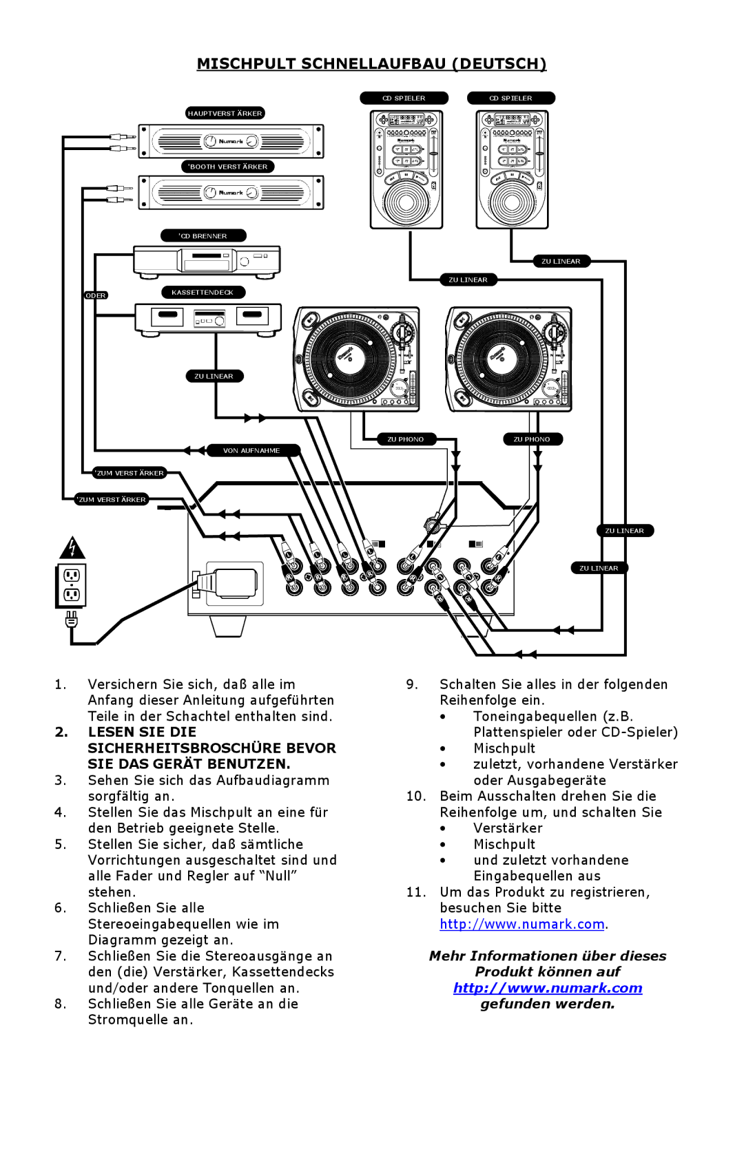 Numark Industries DM3050 manual Mischpult Schnellaufbau Deutsch 