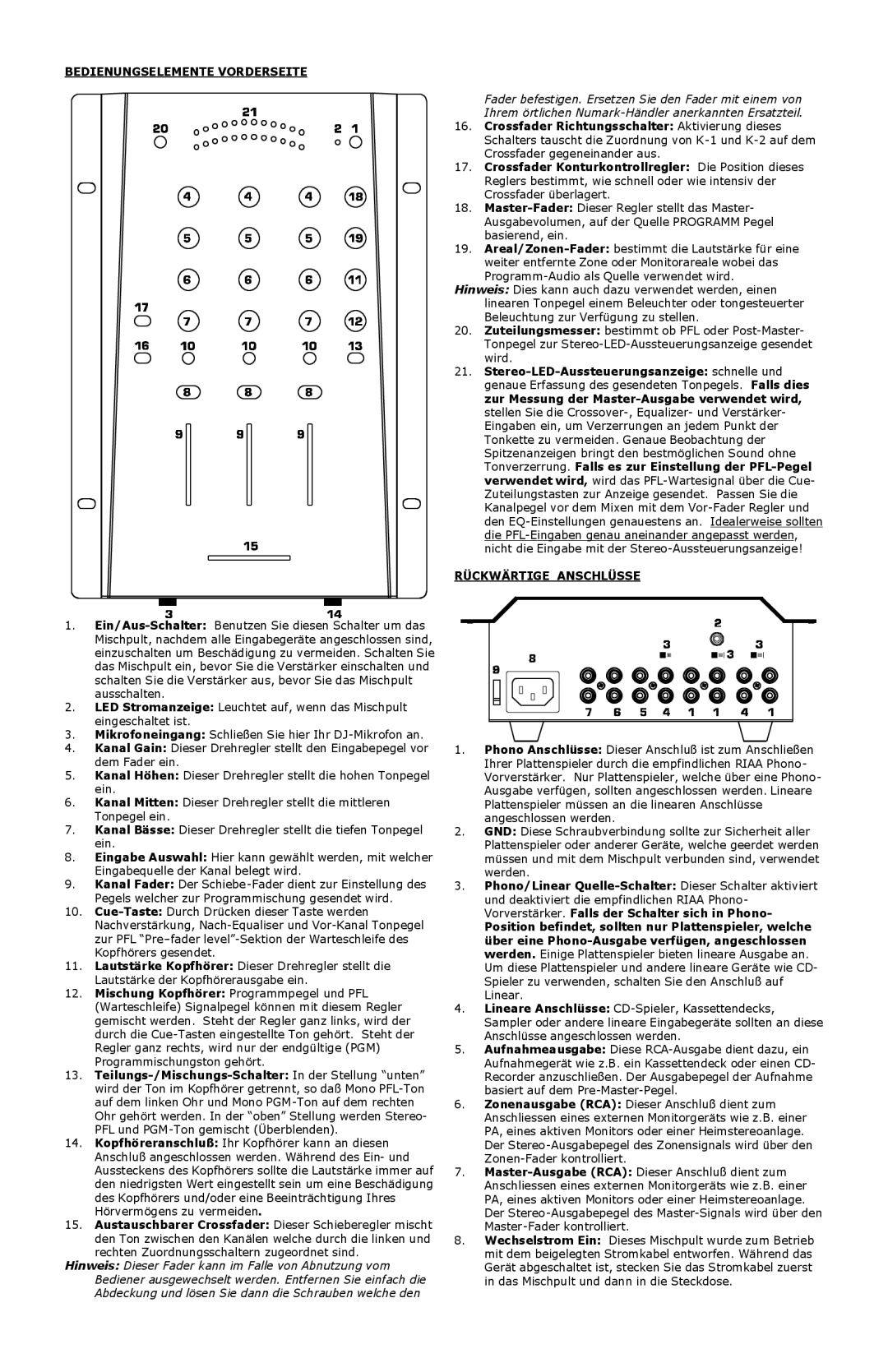 Numark Industries DM3050 manual Bedienungselemente Vorderseite, Austauschbarer Crossfader Dieser Schieberegler mischt 