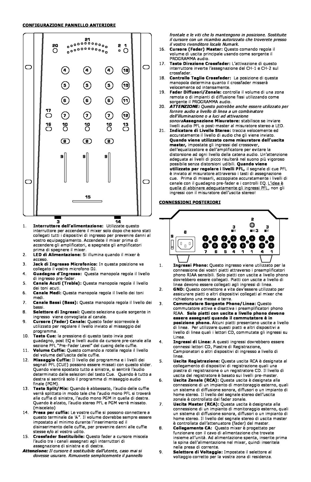 Numark Industries DM3050 manual Configurazione Pannello Anteriore 
