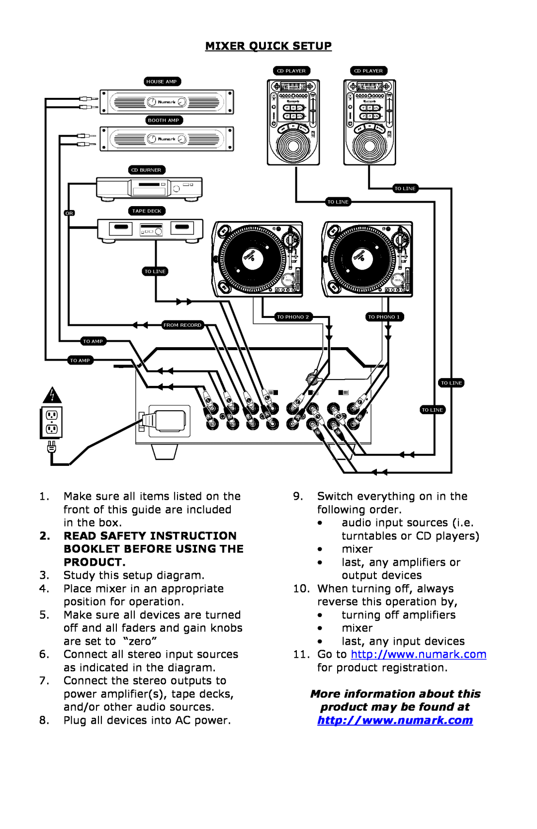 Numark Industries DM3050 manual Mixer Quick Setup, More information about this 