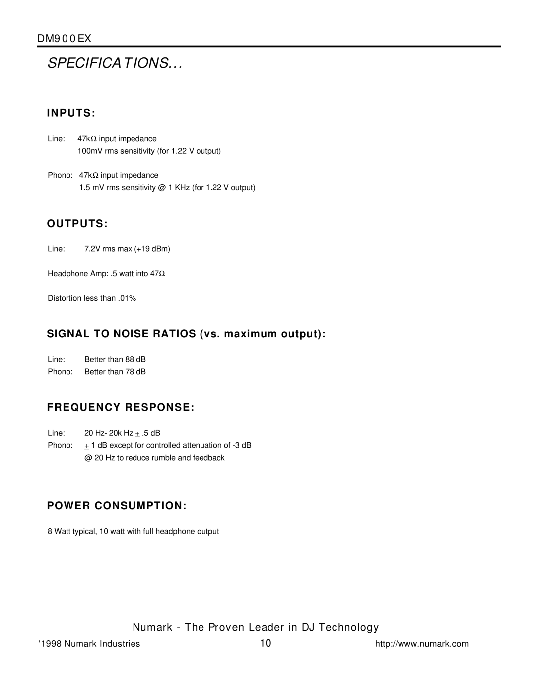 Numark Industries DM900EX owner manual Specifications, P U T S 