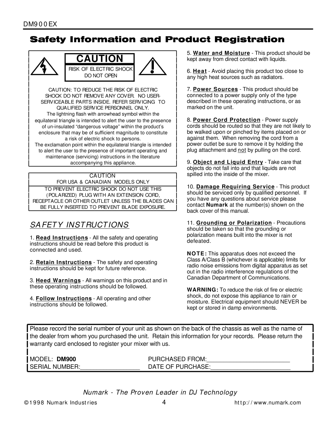 Numark Industries DM900EX owner manual Safety Instructions 