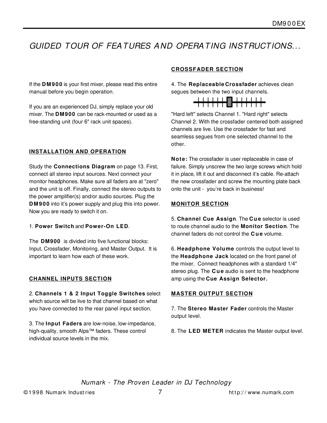 Numark Industries DM900EX owner manual Guided Tour of Features and Operating Instructions 