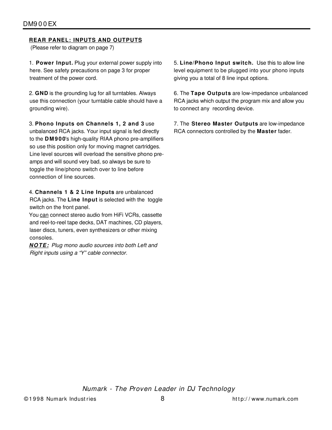 Numark Industries DM900EX owner manual Rear Panel Inputs and Outputs 