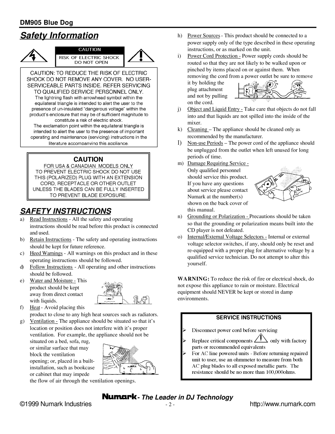 Numark Industries DM905 user manual Safety Information, Safety Instructions 