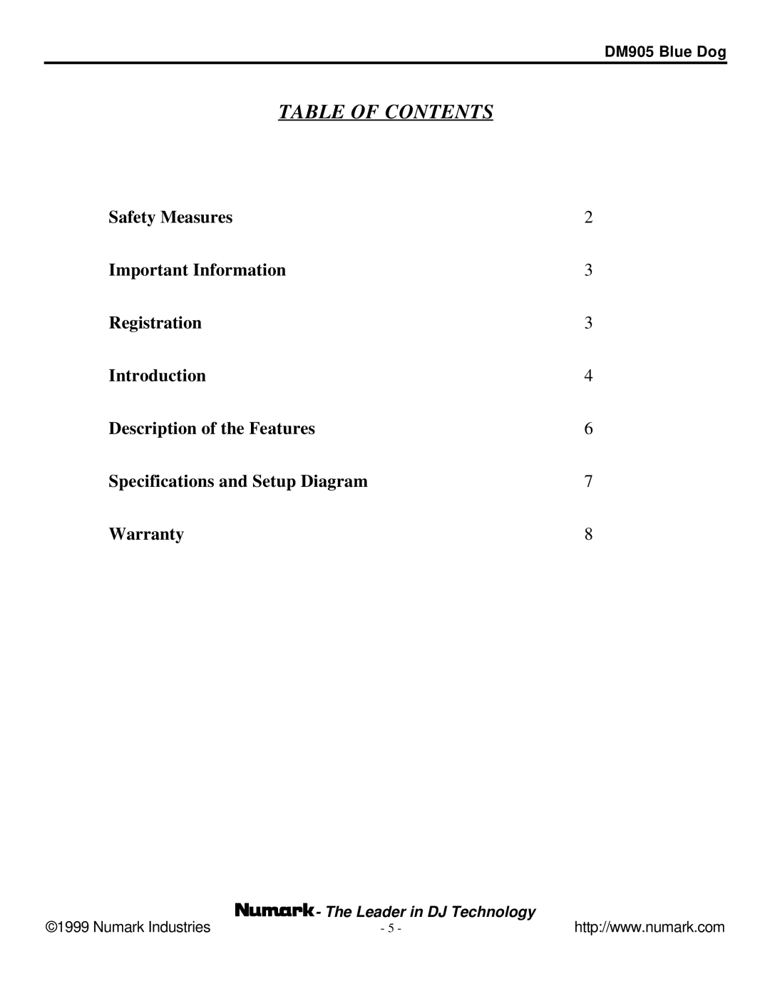 Numark Industries DM905 user manual Table of Contents 