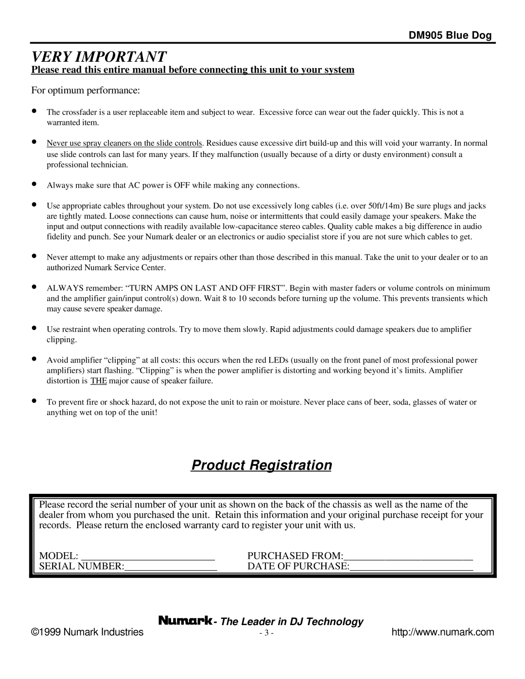 Numark Industries DM905 user manual Very Important, Product Registration 