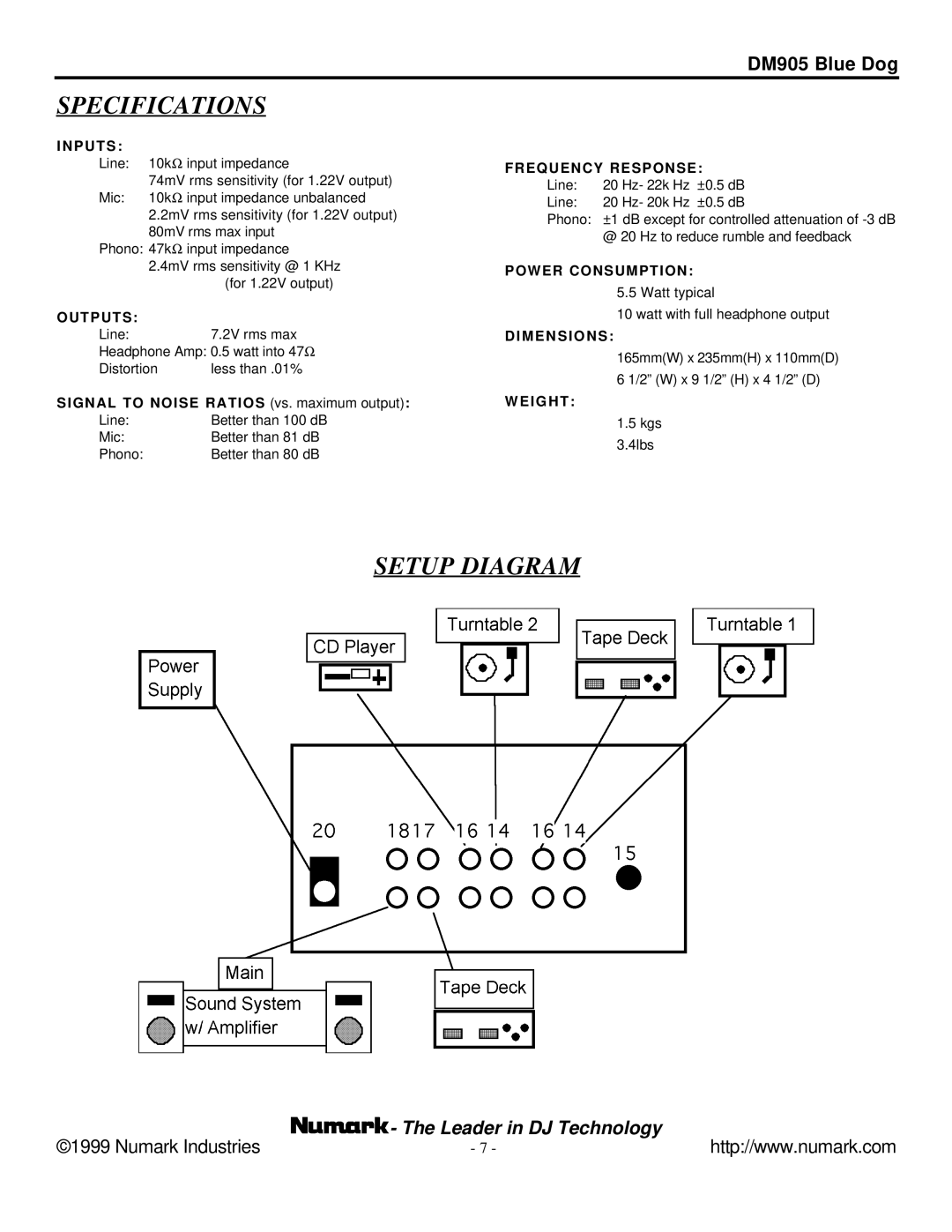 Numark Industries DM905 user manual Specifications, Setup Diagram 