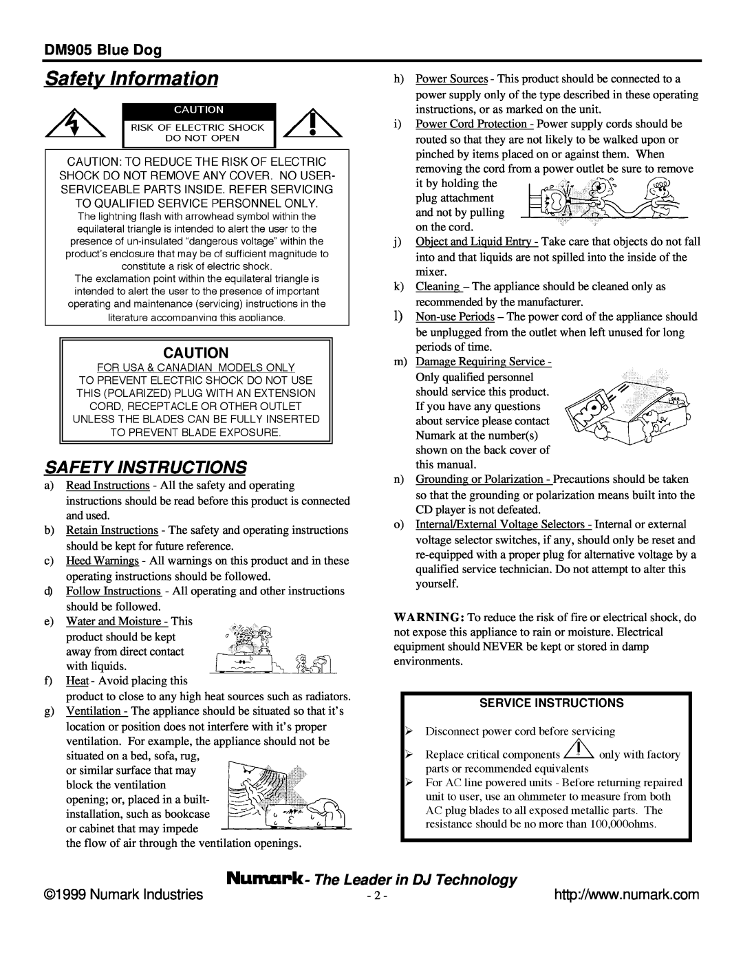 Numark Industries user manual Safety Information, Safety Instructions, DM905 Blue Dog, Numark Industries 