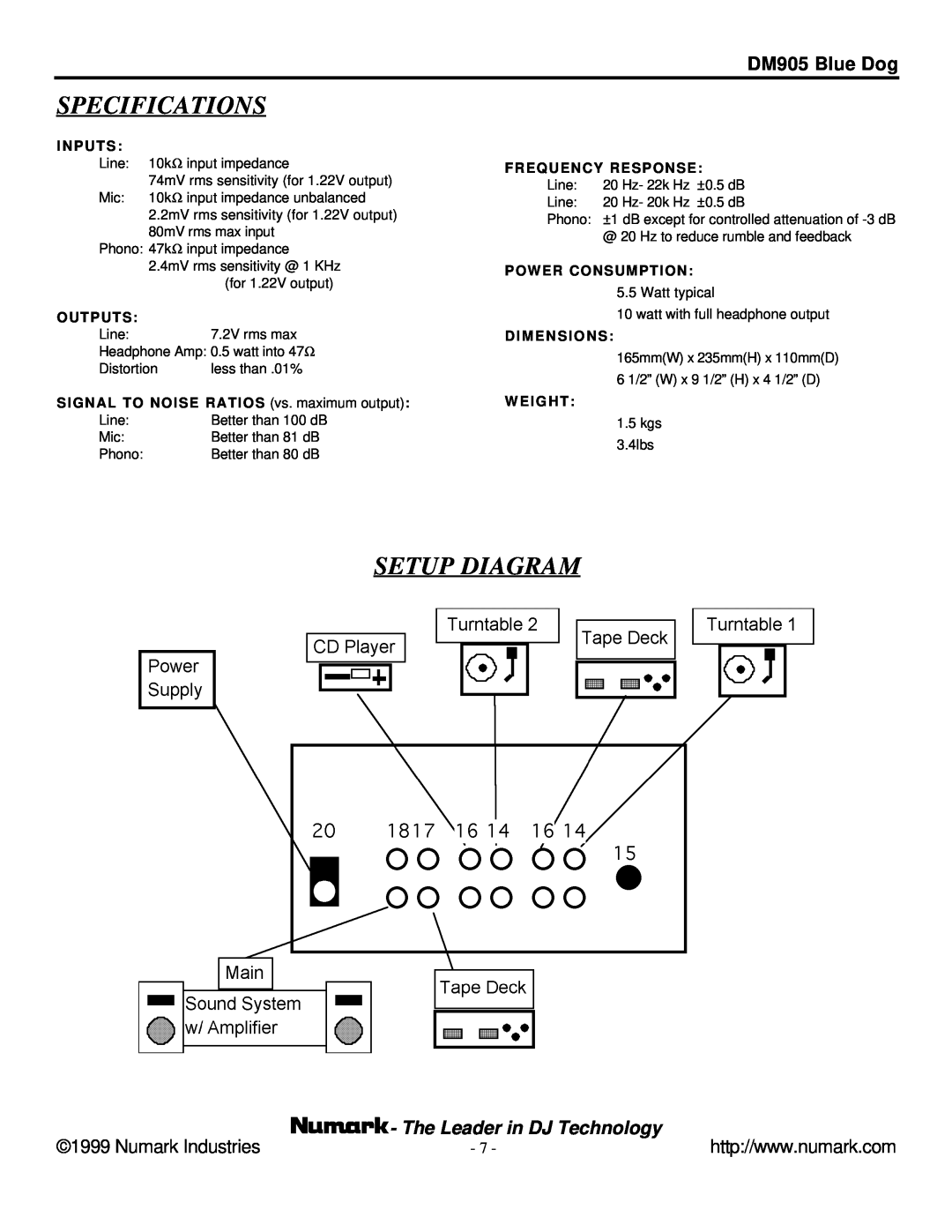 Numark Industries Specifications, Setup Diagram, DM905 Blue Dog, Numark Industries, The Leader in DJ Technology 