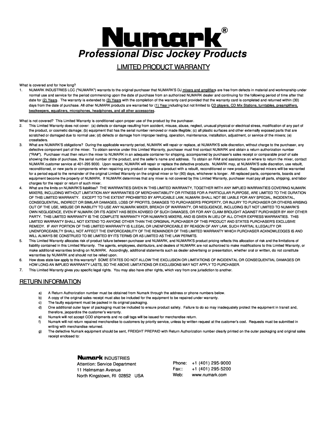 Numark Industries DM905 user manual Professional Disc Jockey Products, Limited Product Warranty, Return Information 