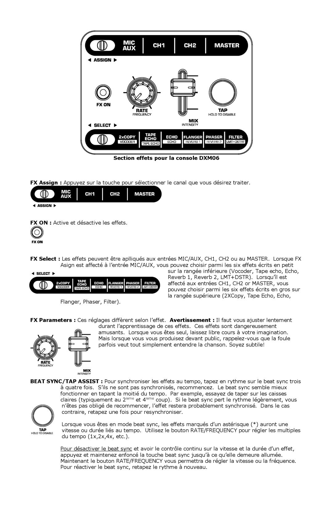 Numark Industries DXM 06 quick start Section effets pour la console DXM06 