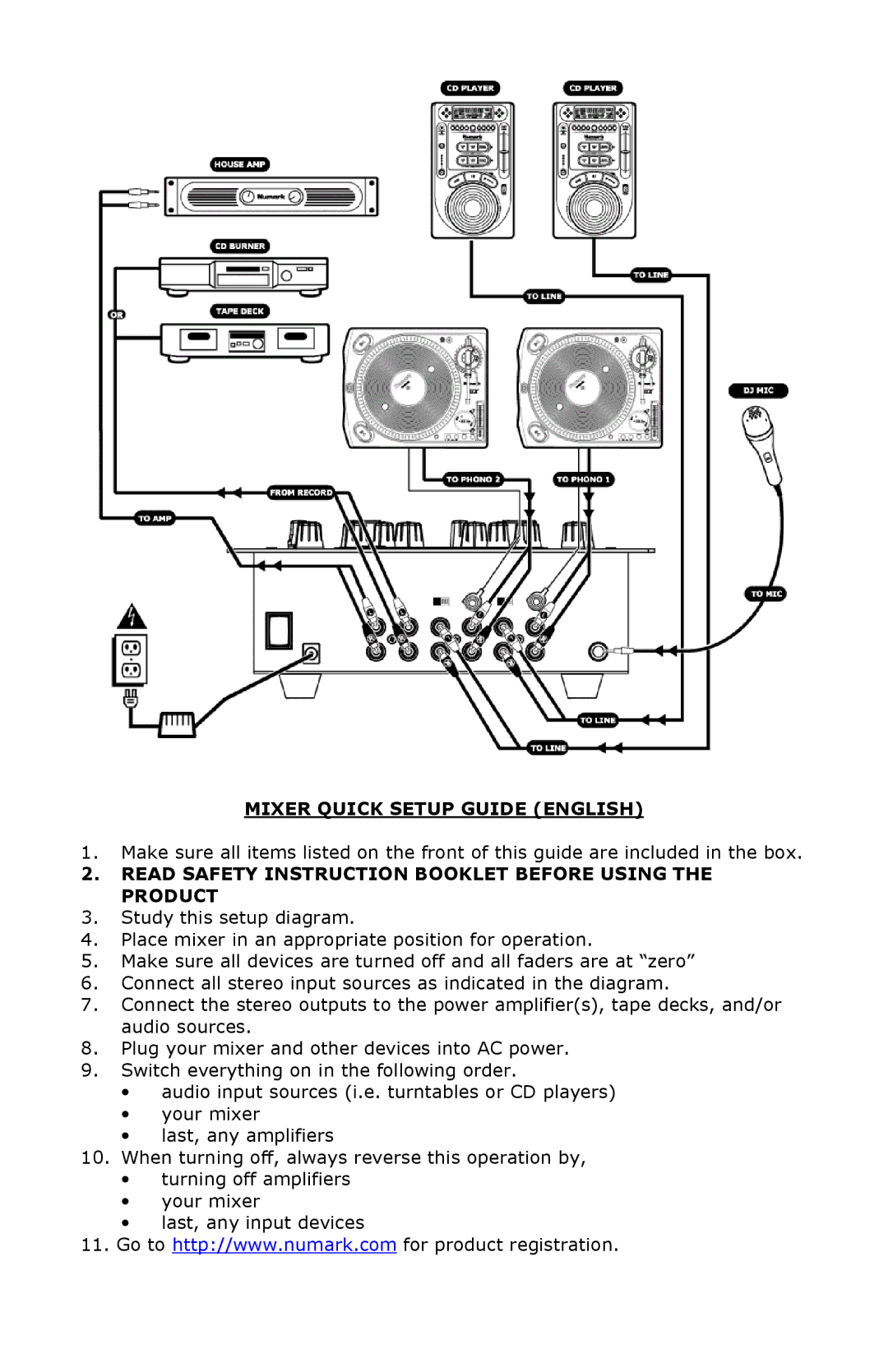 Numark Industries DXM01 Mixer Quick Setup Guide English, Read Safety Instruction Booklet Before Using the Product 