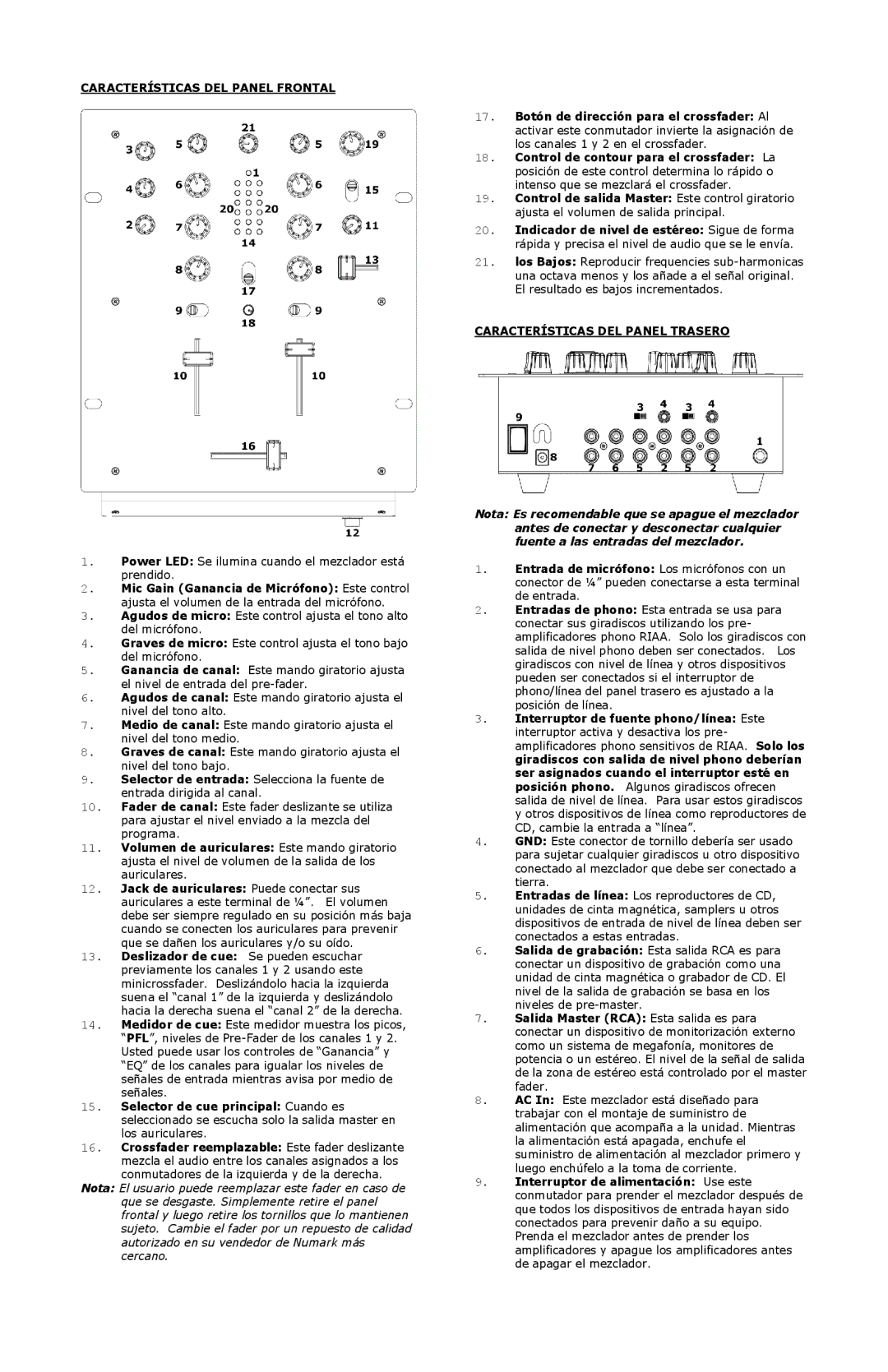 Numark Industries DXM01 quick start Características DEL Panel Frontal, Características DEL Panel Trasero 