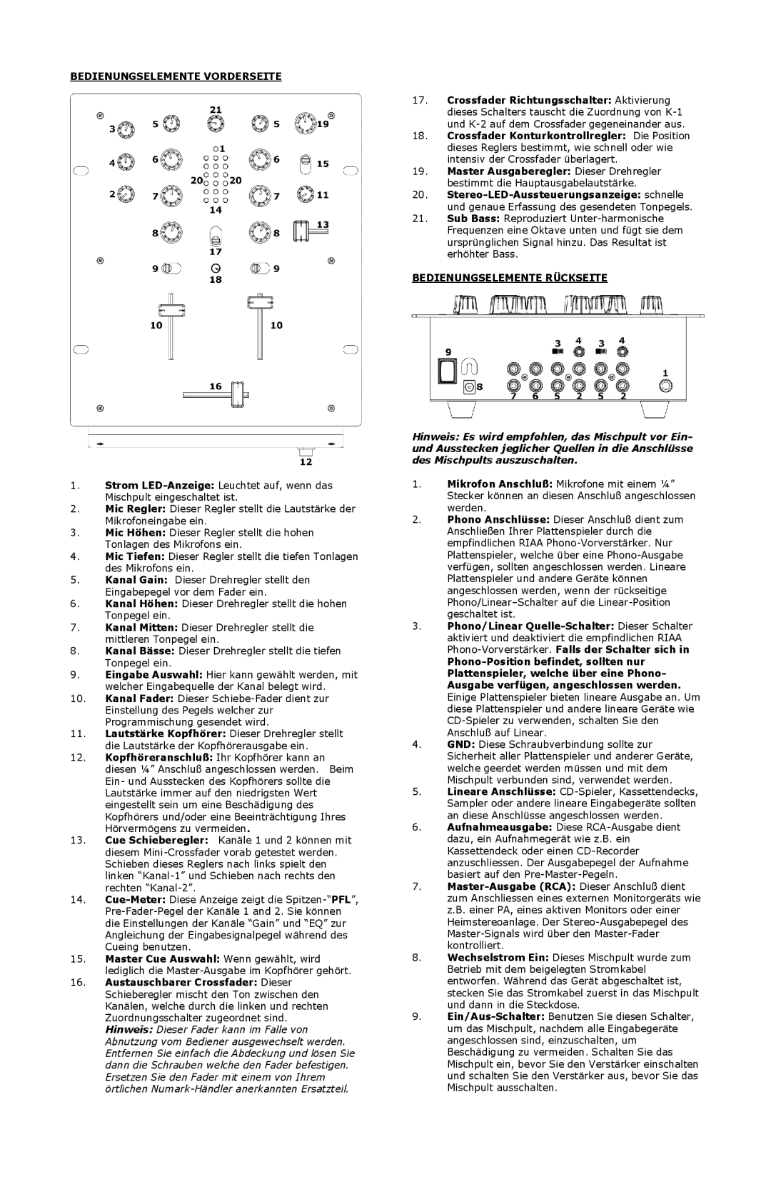 Numark Industries DXM01 quick start Bedienungselemente Vorderseite, Bedienungselemente Rückseite 