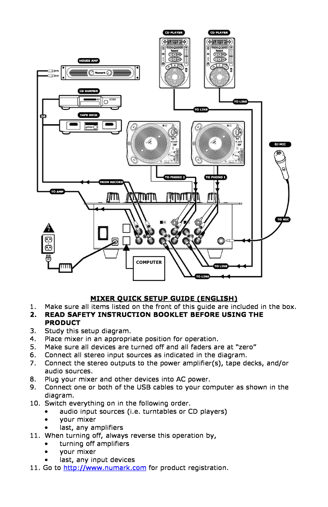 Numark Industries DXM01 Mixer Quick Setup Guide English, Read Safety Instruction Booklet Before Using The Product 