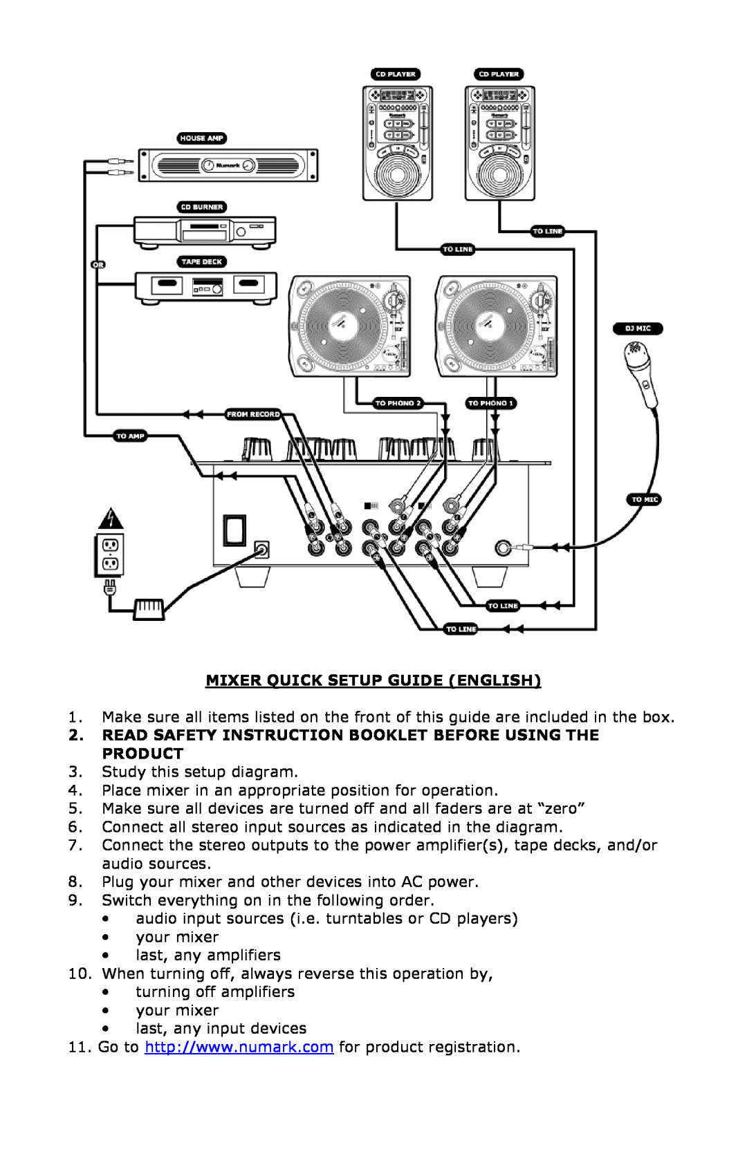 Numark Industries DXM01 Mixer Quick Setup Guide English, Read Safety Instruction Booklet Before Using The Product 