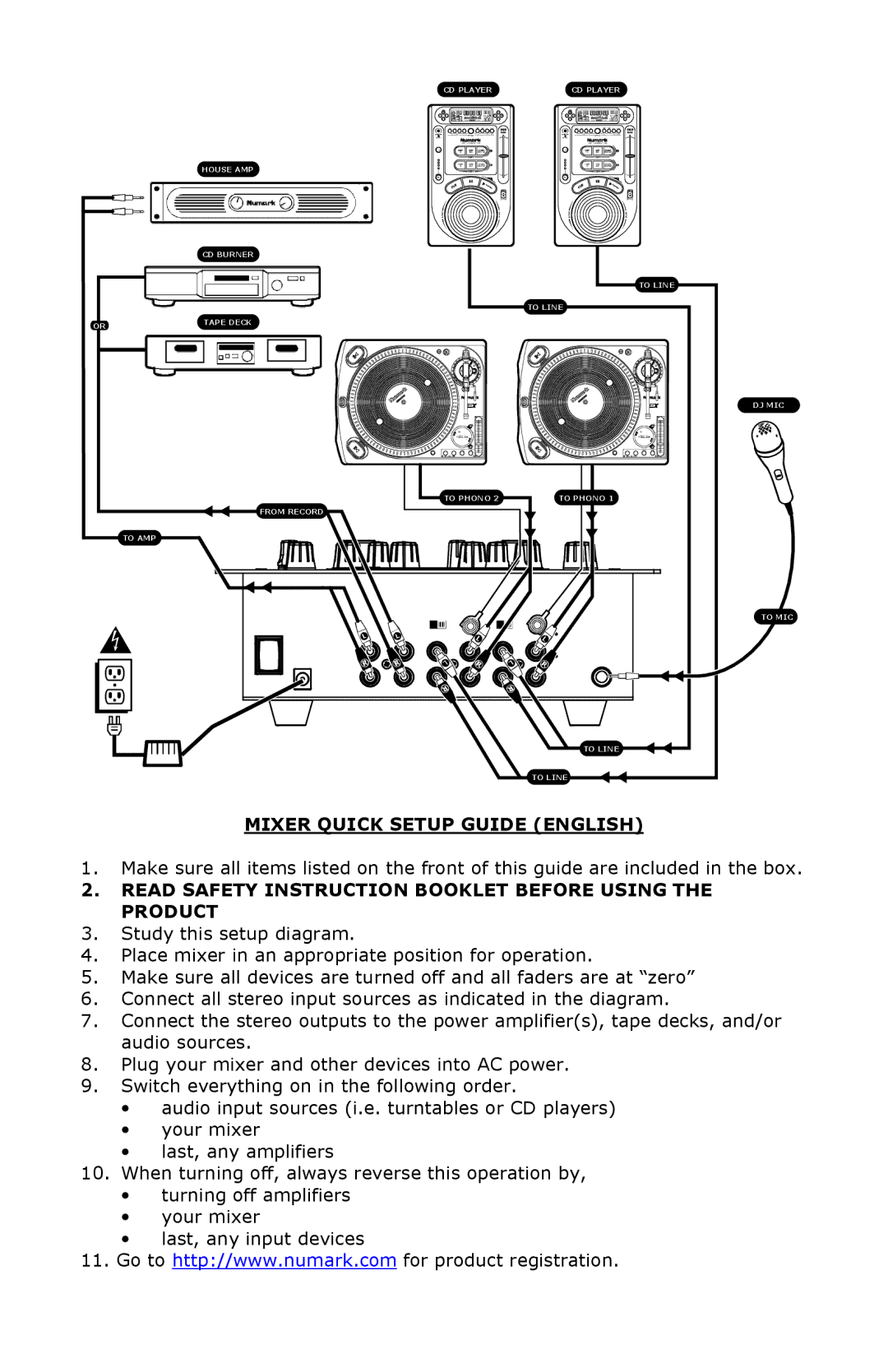 Numark Industries DXM03 Mixer Quick Setup Guide English, Read Safety Instruction Booklet Before Using the Product 