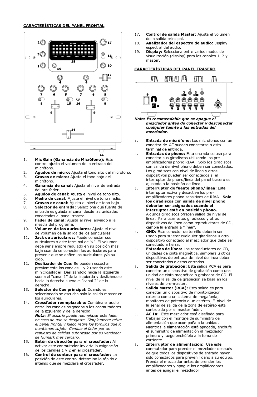 Numark Industries DXM03 quick start Características DEL Panel Frontal, Características DEL Panel Trasero 