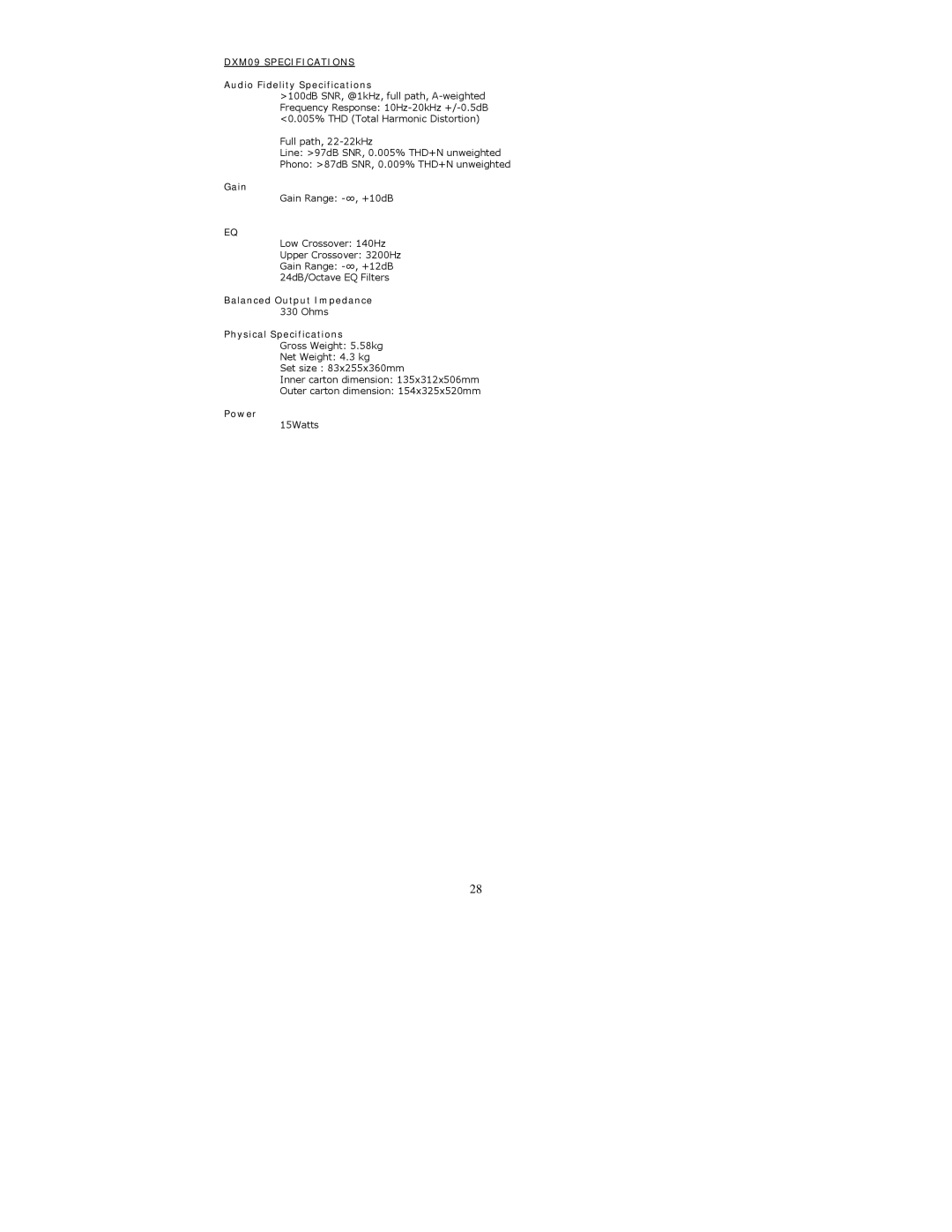 Numark Industries DXM09 Specifications, Audio Fidelity Specifications, Gain, Balanced Output Impedance, Power 