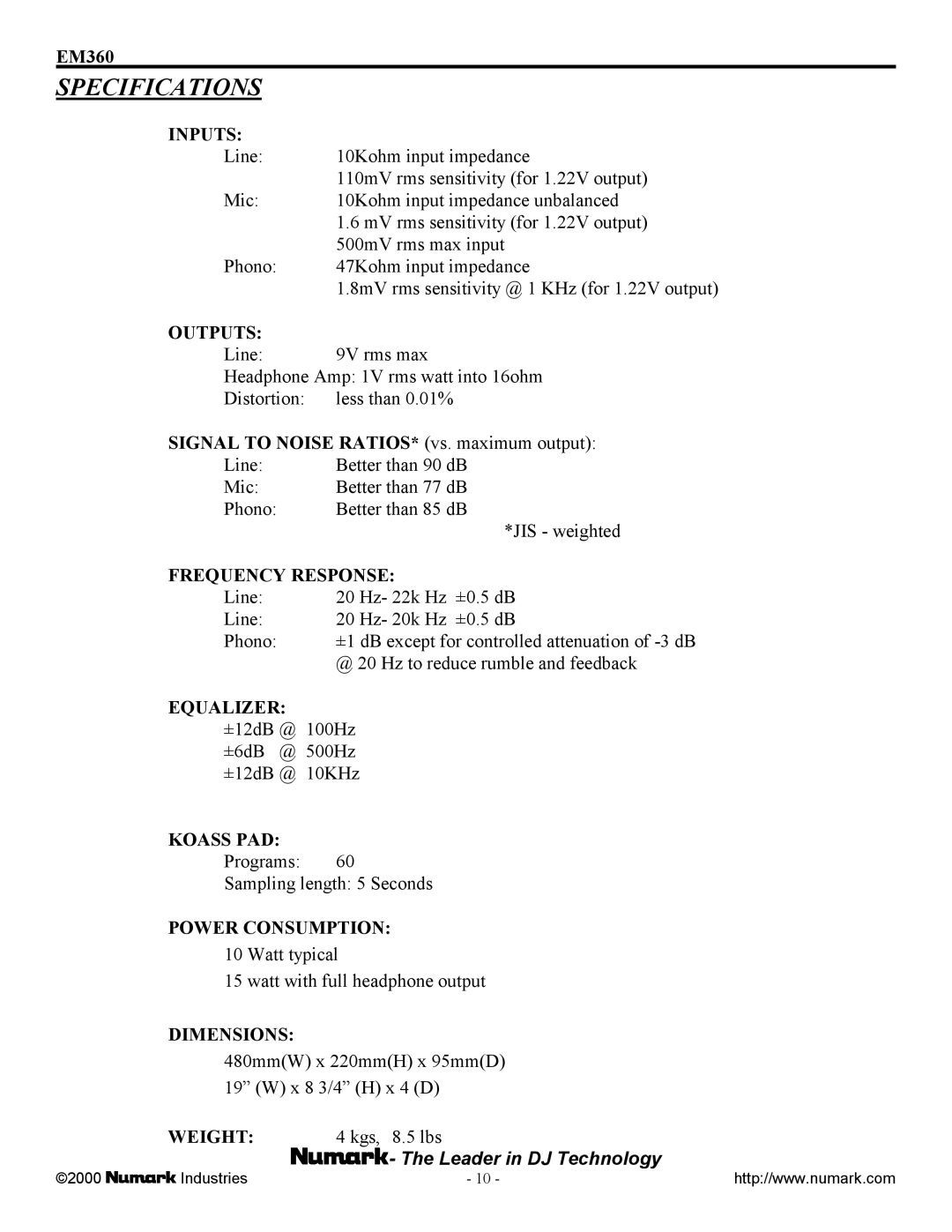 Numark Industries EM360 owner manual Specifications, Inputs 