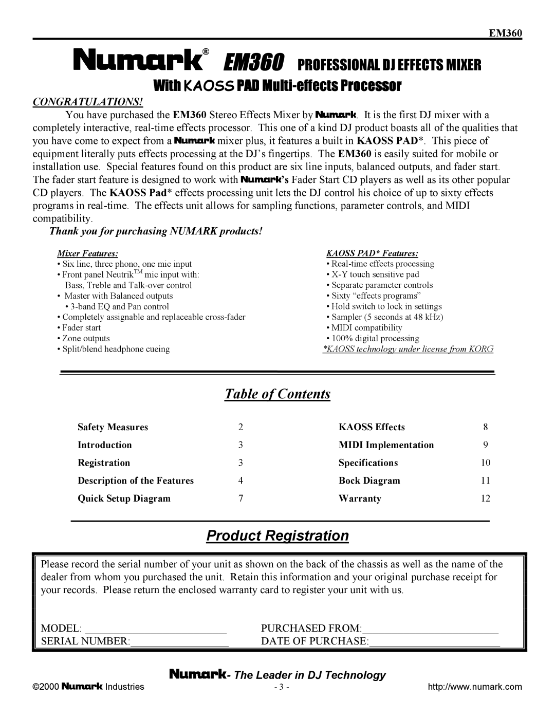 Numark Industries EM360 owner manual Product Registration 