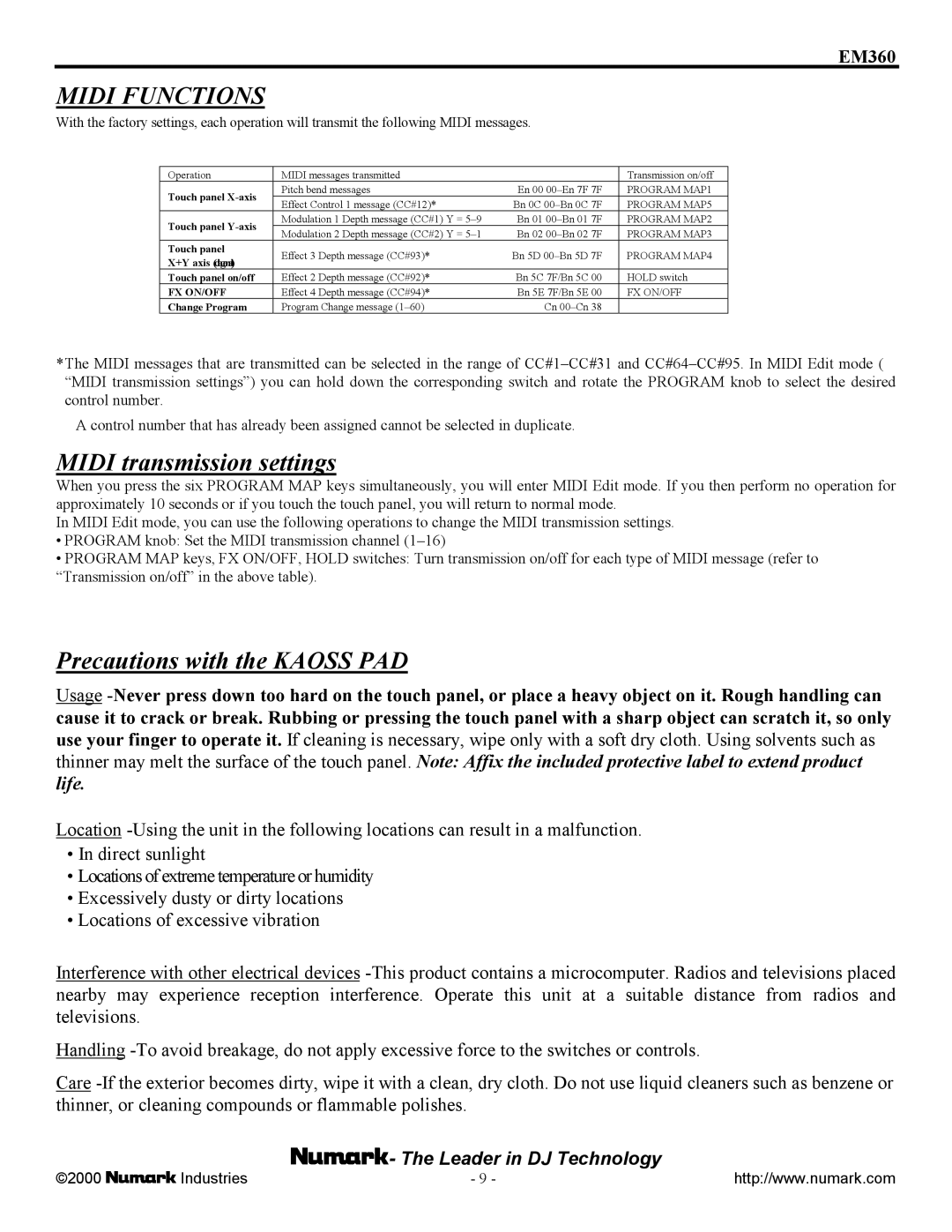 Numark Industries EM360 owner manual Midi Functions, Touch panel X-axis 