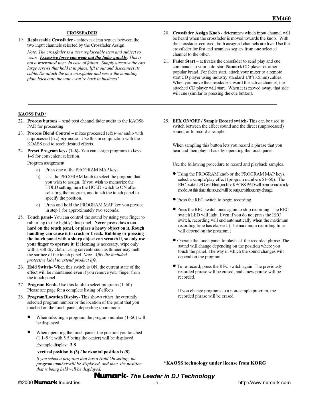 Numark Industries EM460 owner manual Crossfader 