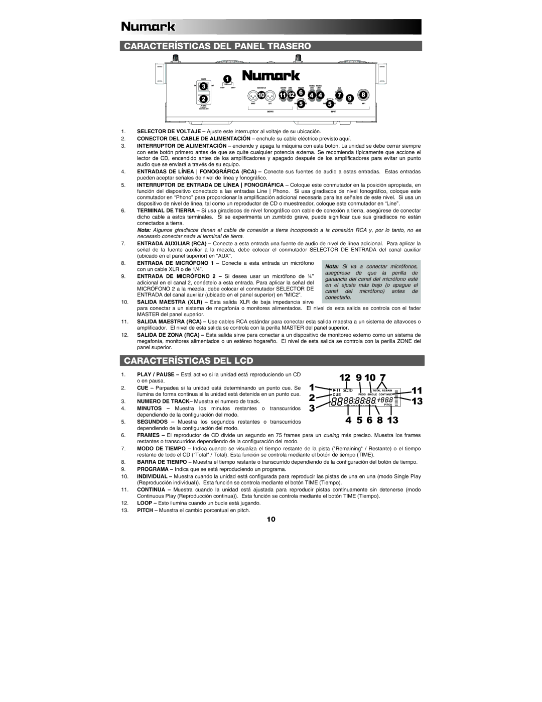 Numark Industries iCDMIX2 quick start Características DEL Panel Trasero, Características DEL LCD 