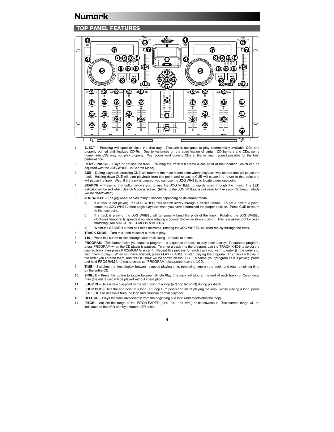 Numark Industries iCDMIX2 quick start TOP Panel Features, 1014 11 12 