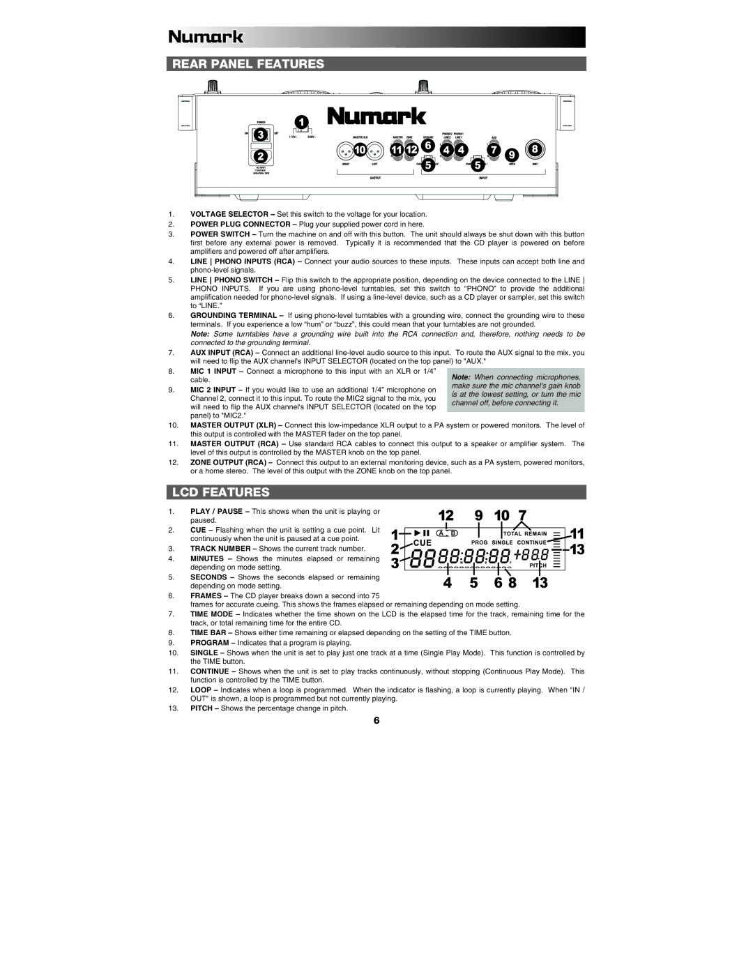 Numark Industries iCDMIX2 quick start Rear Panel Features, LCD Features 