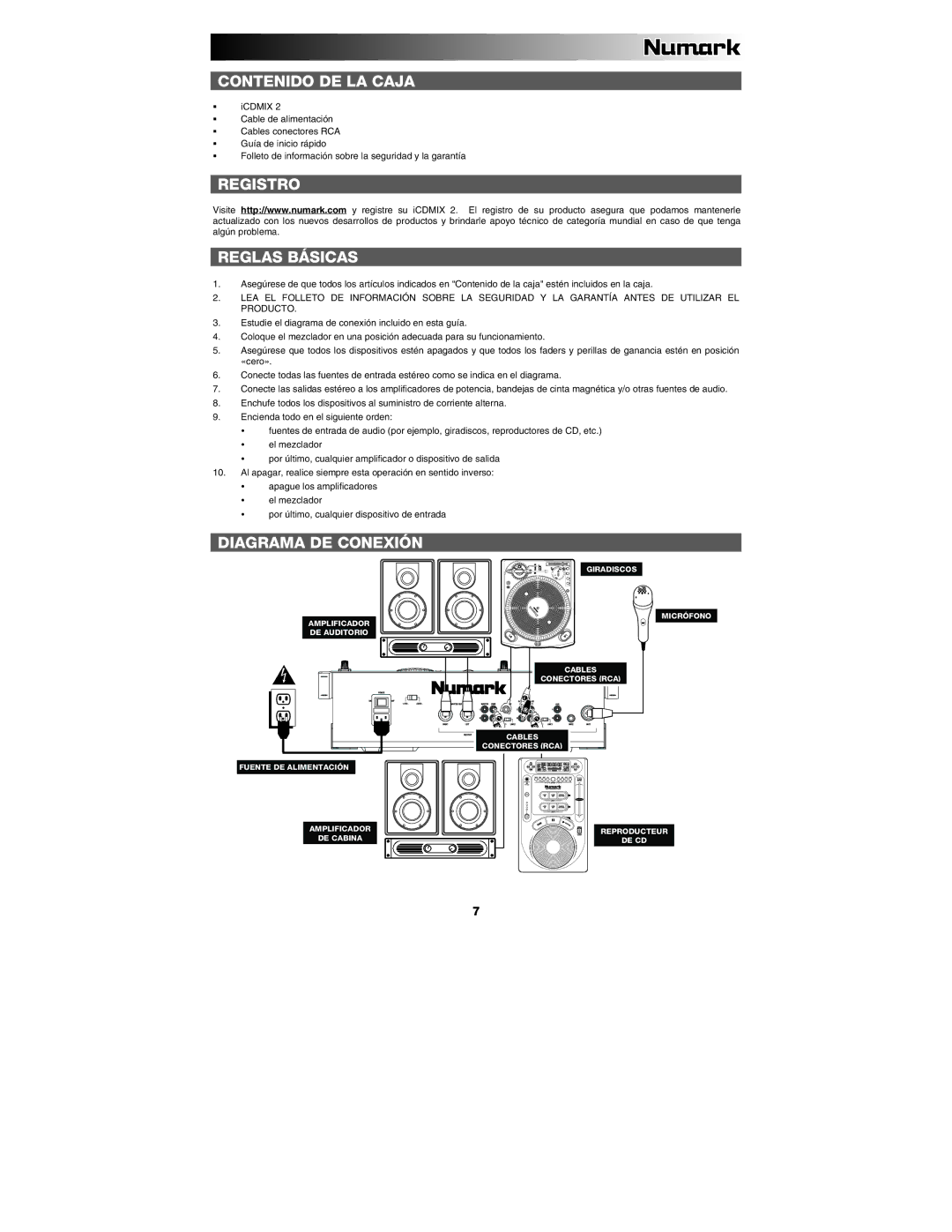 Numark Industries iCDMIX2 quick start Contenido DE LA Caja, Registro Reglas Básicas, Diagrama DE Conexión 