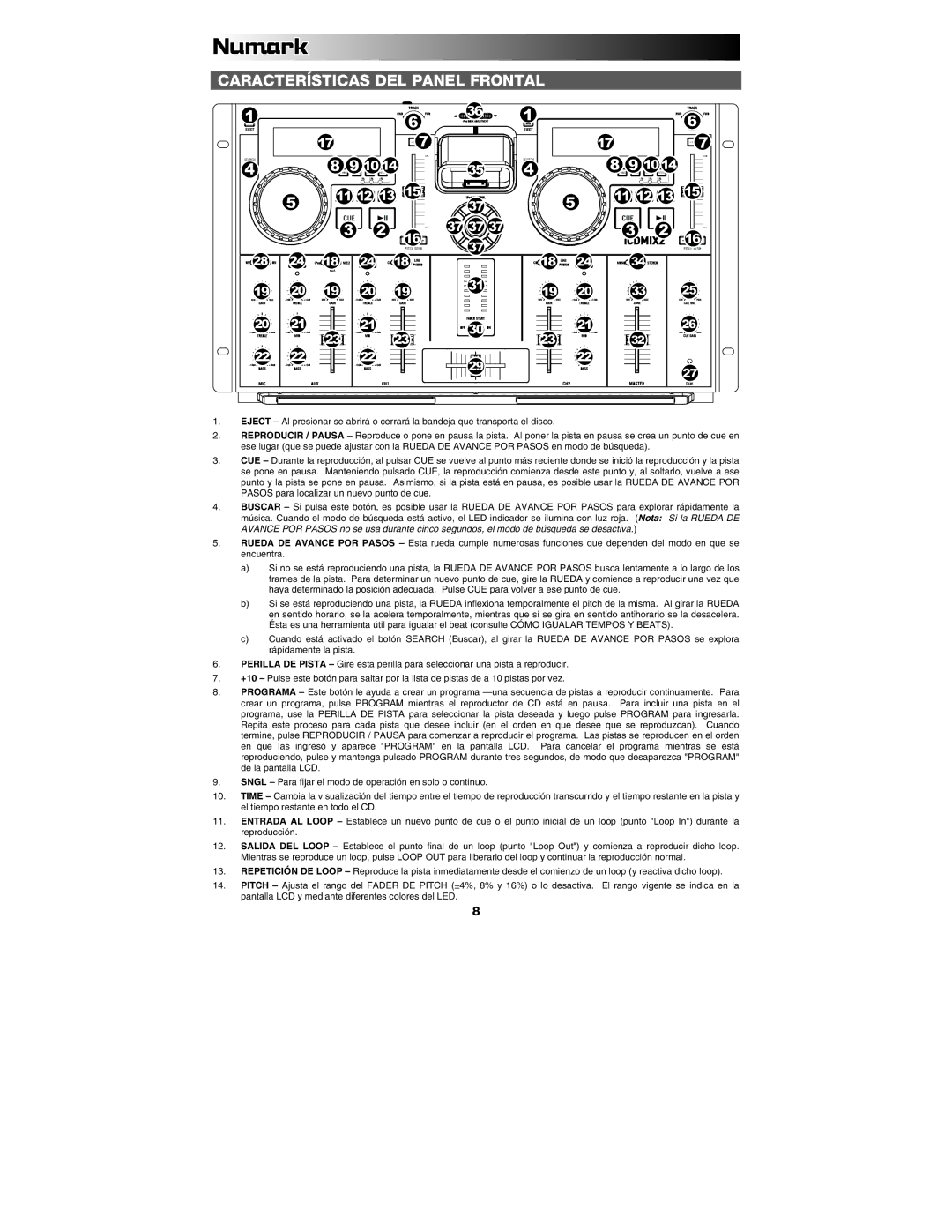 Numark Industries iCDMIX2 quick start Características DEL Panel Frontal 