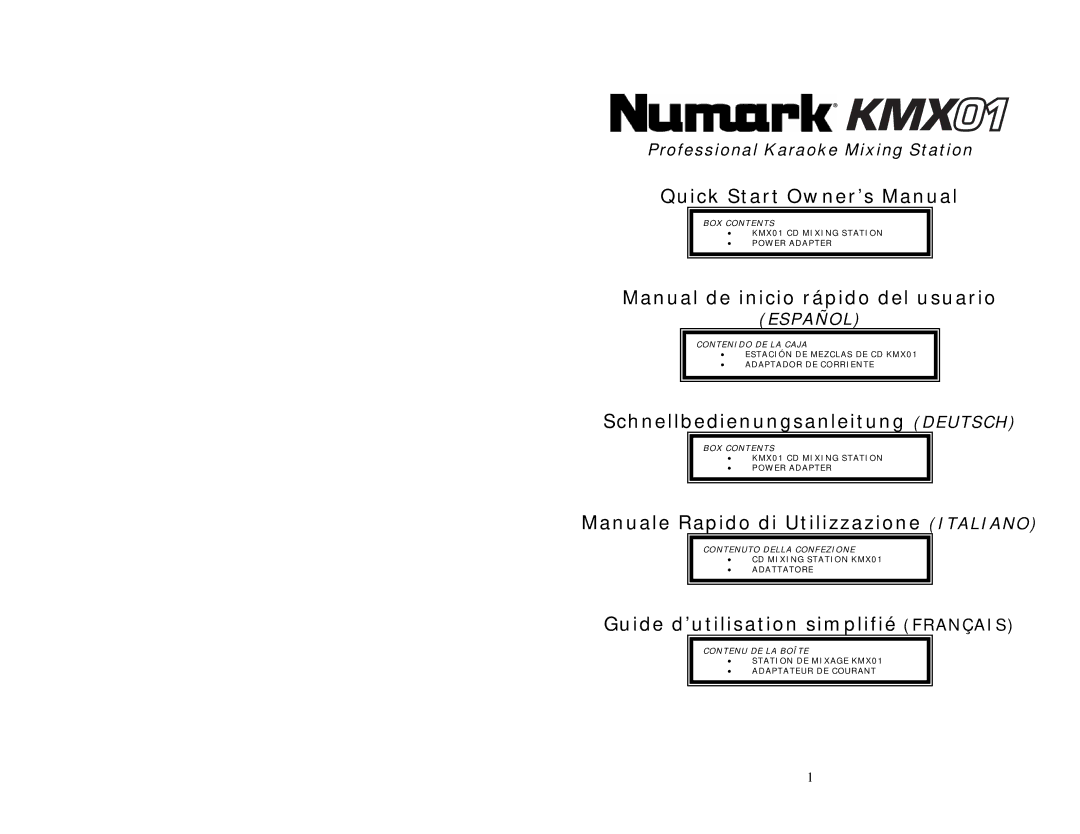 Numark Industries quick start KMX01 CD Mixing Station Power Adapter, CD Mixing Station KMX01 Adattatore 