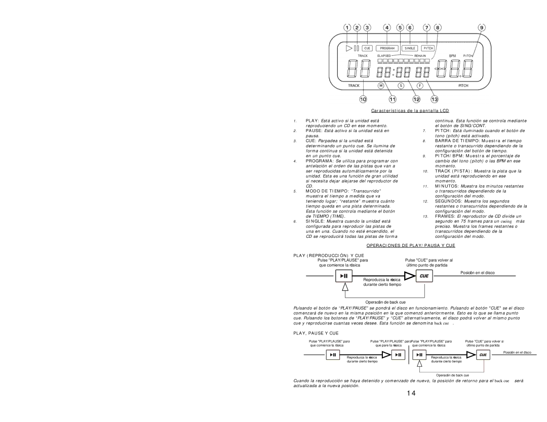 Numark Industries KMX01 quick start Operaciones DE PLAY/PAUSA Y CUE Play Reproducción Y CUE, PLAY, Pause Y CUE 