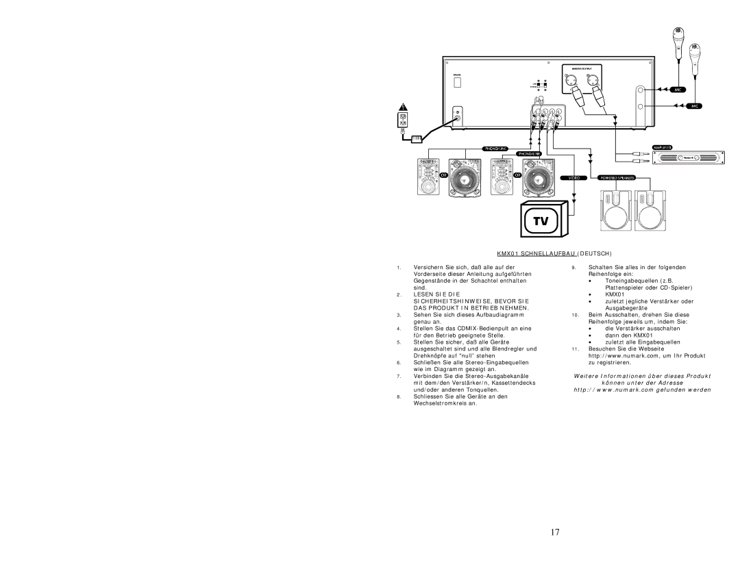 Numark Industries quick start KMX01 Schnellaufbau Deutsch 