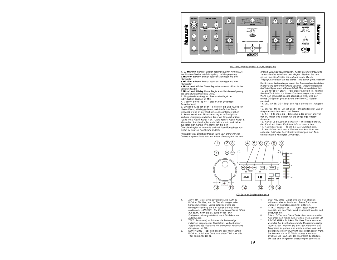 Numark Industries KMX01 quick start Bedienungselemente Vorderseite, CD-Spieler Bedienelemente 