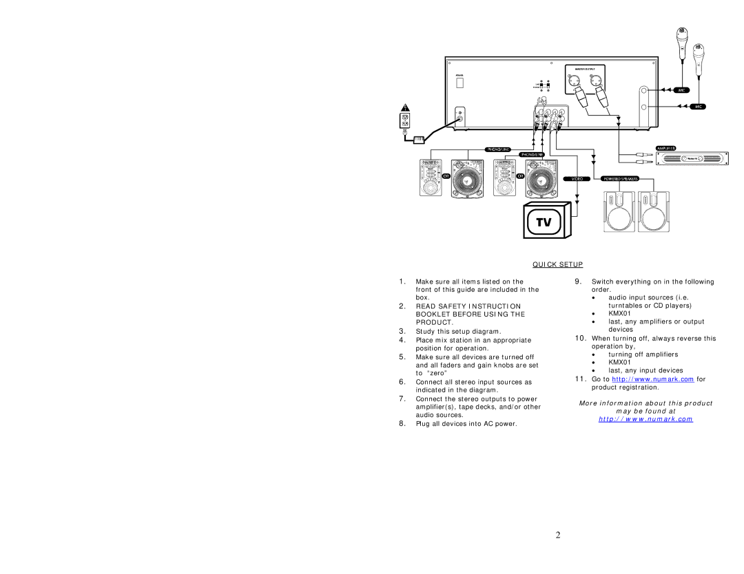 Numark Industries KMX01 quick start Quick Setup, Read Safety Instruction Booklet Before Using the Product 