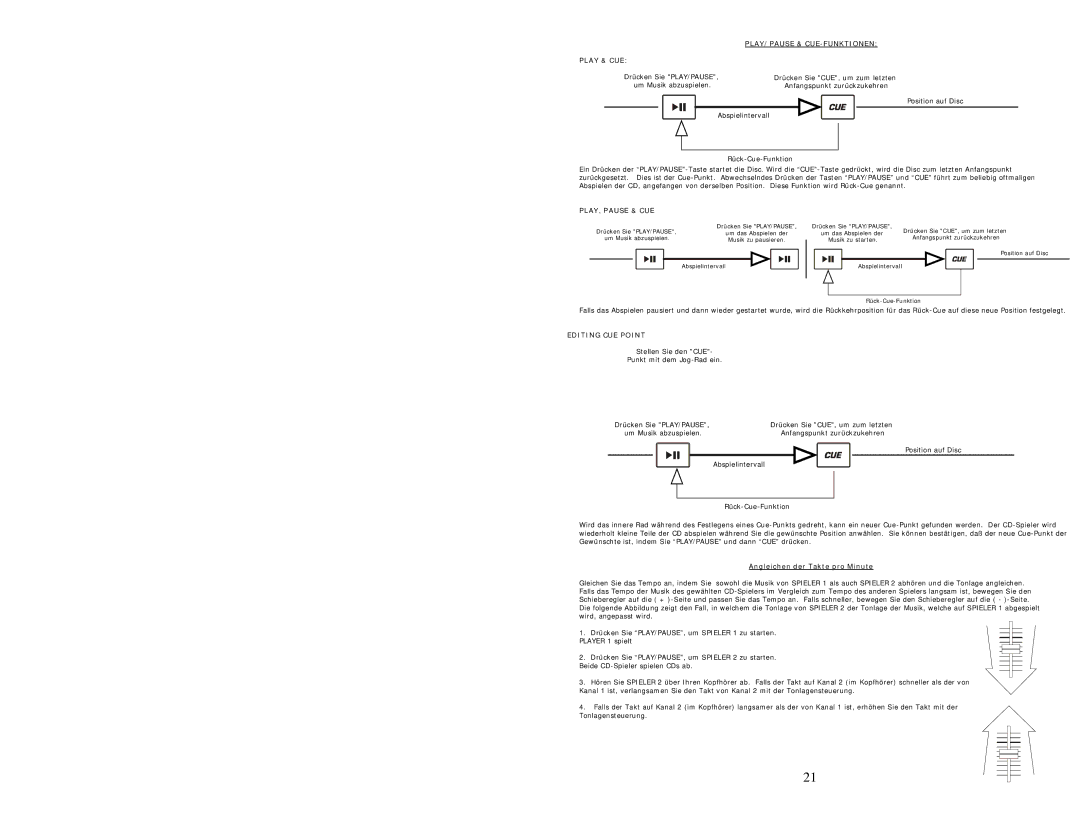 Numark Industries KMX01 quick start PLAY/PAUSE & CUE-FUNKTIONEN Play & CUE, PLAY, Pause & CUE, Editing CUE Point 