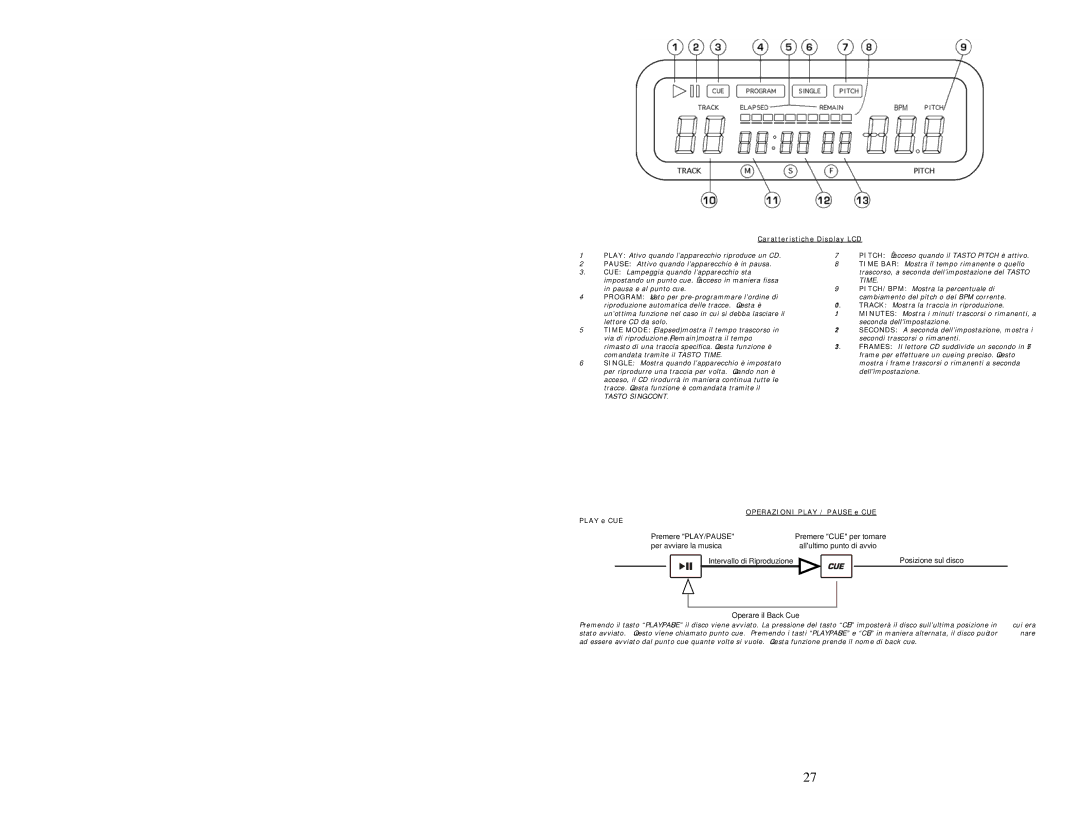 Numark Industries KMX01 quick start Caratteristiche Display LCD, Operazioni Play / Pause e CUE Play e CUE 