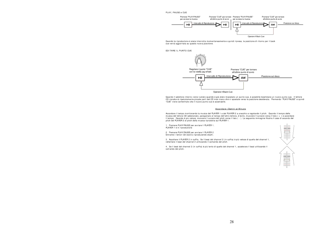 Numark Industries KMX01 quick start PLAY, Pause e CUE, Editare IL Punto CUE, Accordare i Battiti al Minuto 