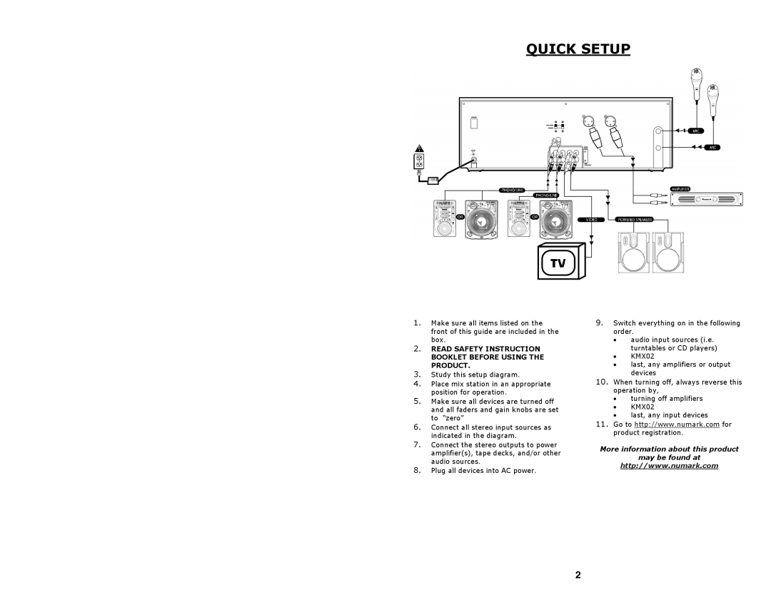 Numark Industries KMX02 quick start Quick Setup, Read Safety Instruction Booklet Before Using the Product 