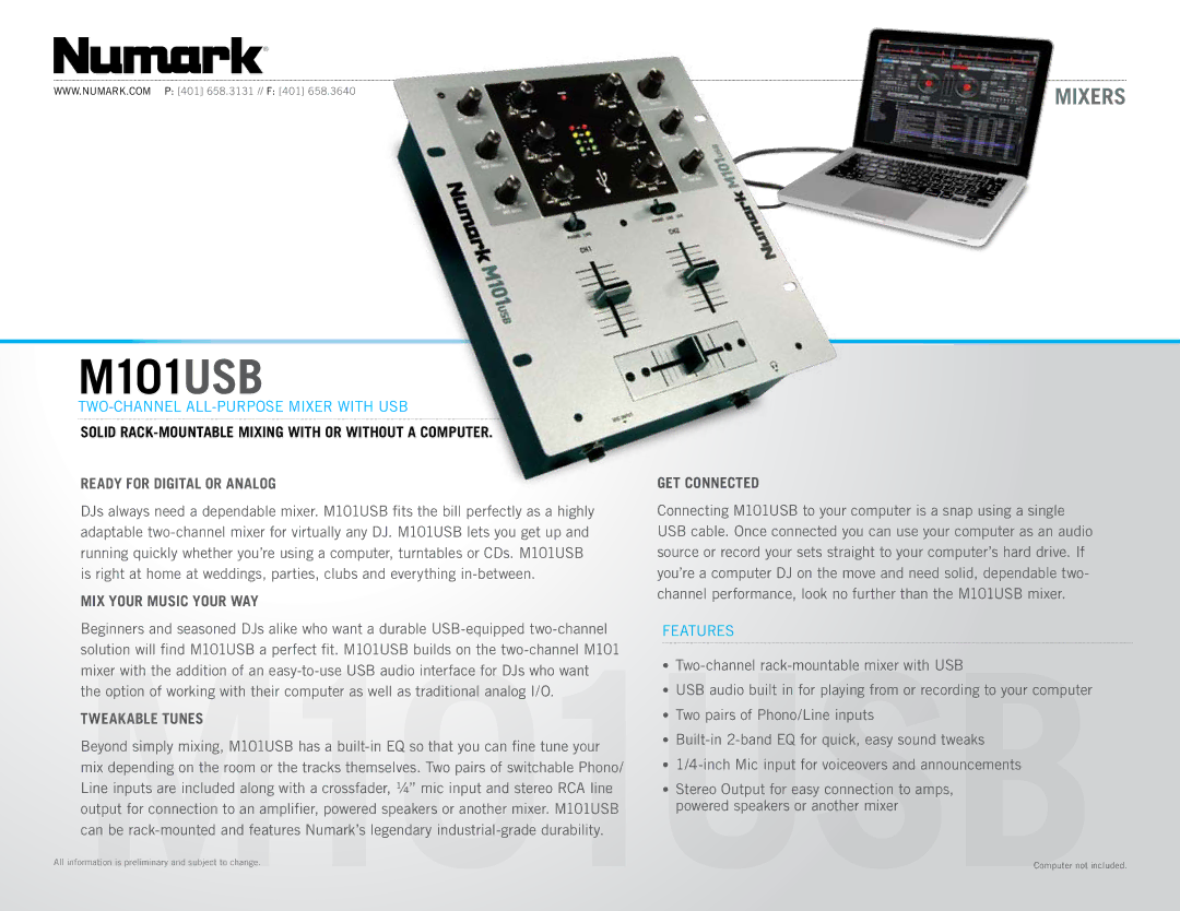 Numark Industries M101USB manual Ready for Digital or Analog GET Connected, MIX Your Music Your WAY, Tweakable Tunes 