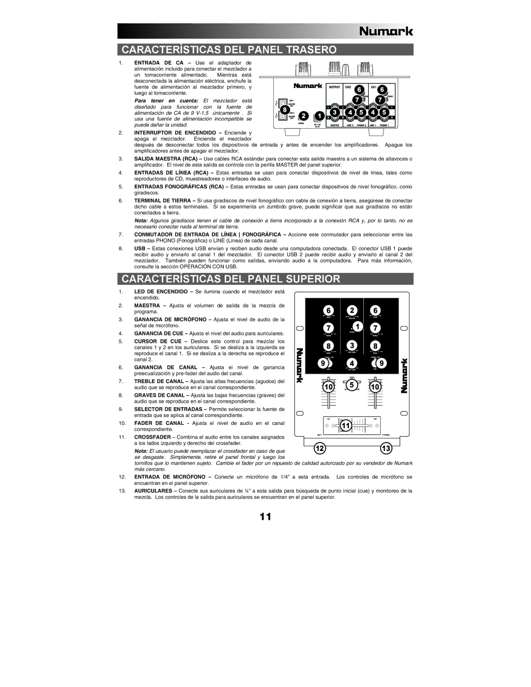 Numark Industries M1USB quick start Características DEL Panel Trasero, Características DEL Panel Superior 