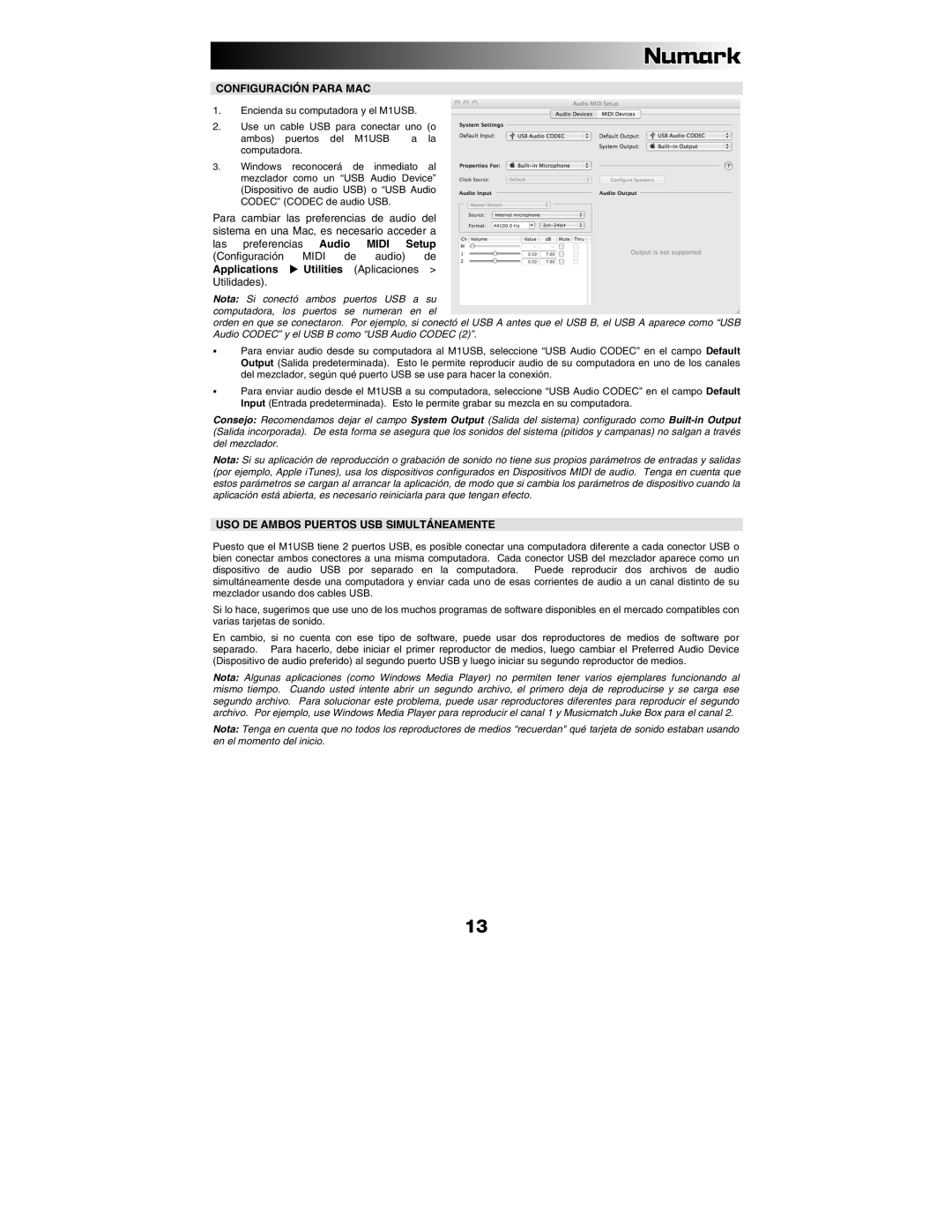 Numark Industries M1USB quick start Configuración Para MAC, USO DE Ambos Puertos USB Simultáneamente 