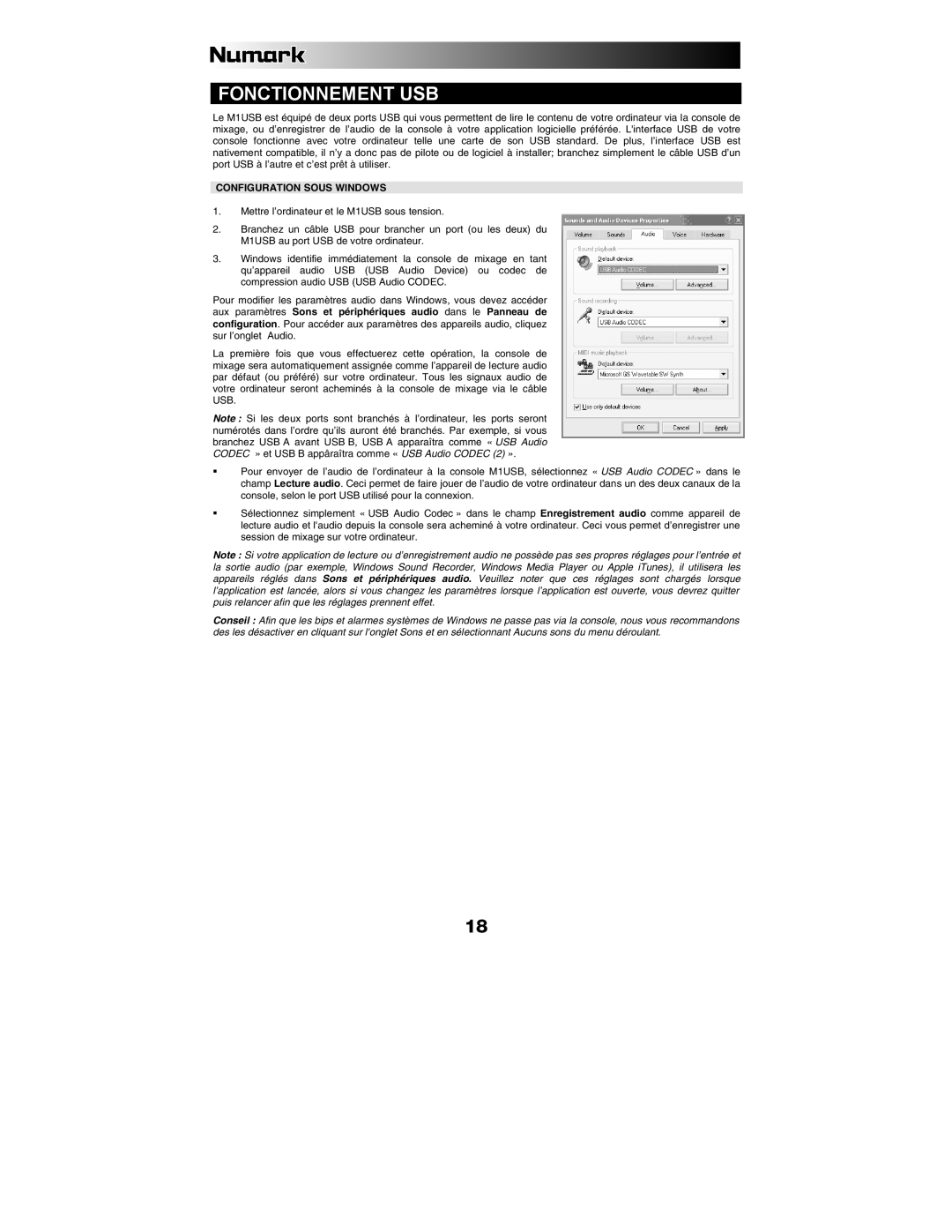Numark Industries M1USB quick start Fonctionnement USB, Configuration Sous Windows 