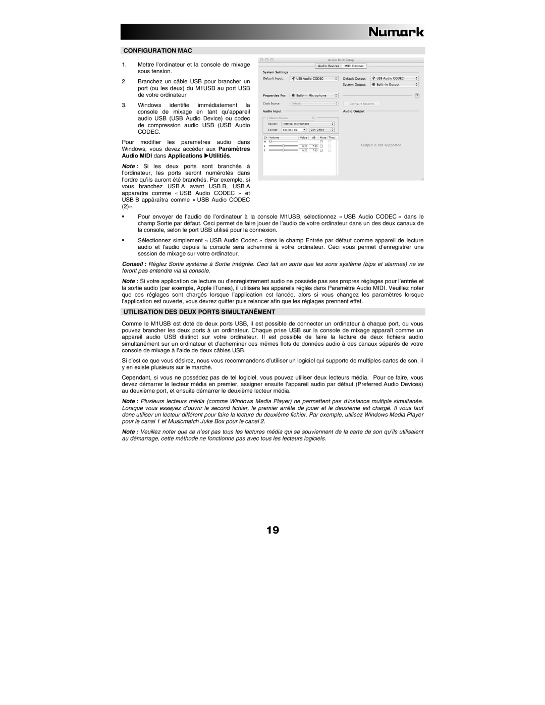 Numark Industries M1USB quick start Configuration MAC, Utilisation DES Deux Ports Simultanément 