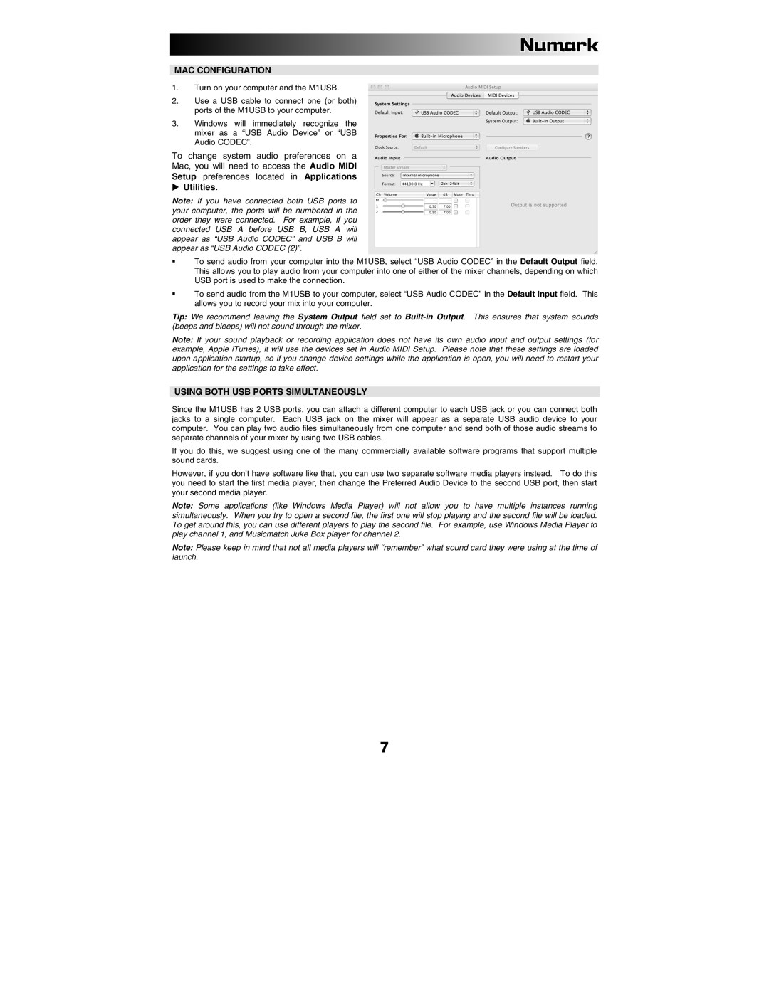 Numark Industries M1USB quick start MAC Configuration, Using Both USB Ports Simultaneously 