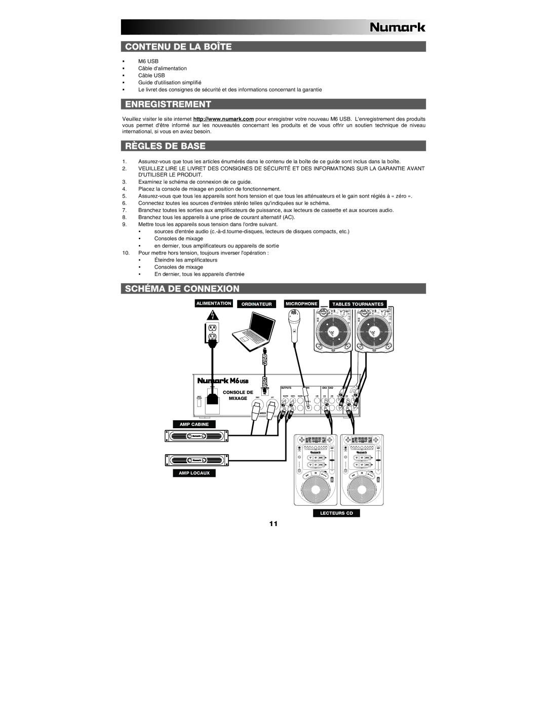 Numark Industries M6 quick start Contenu DE LA Boîte, Enregistrement Règles DE Base, Schéma DE Connexion 