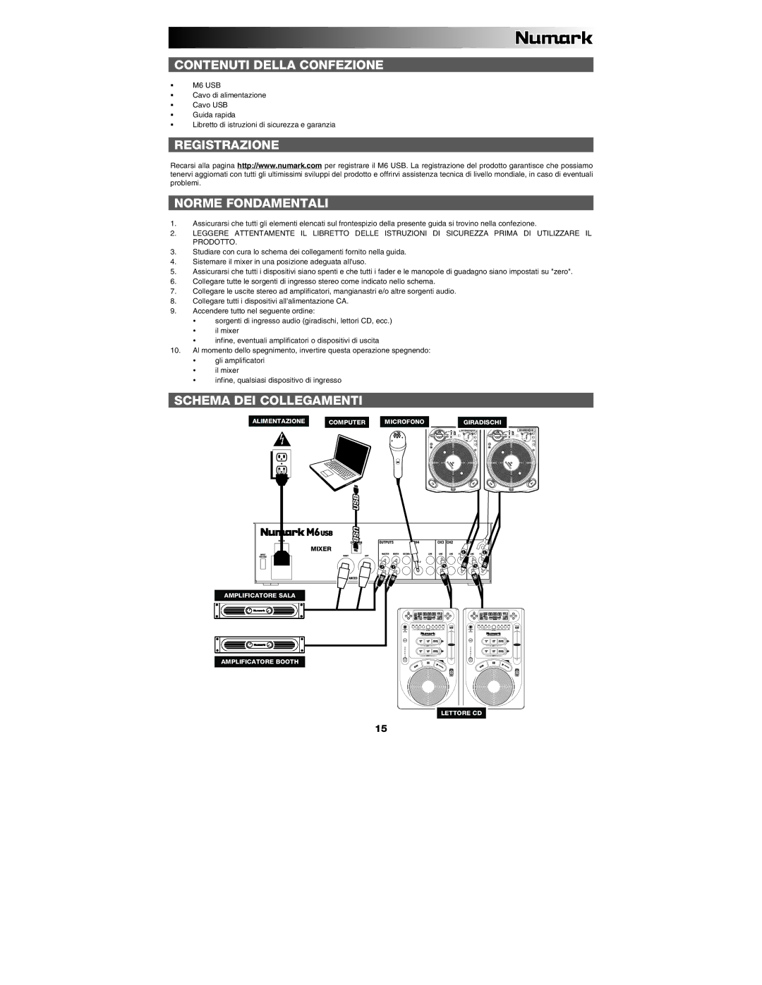 Numark Industries M6 quick start Contenuti Della Confezione, Registrazione Norme Fondamentali, Schema DEI Collegamenti 